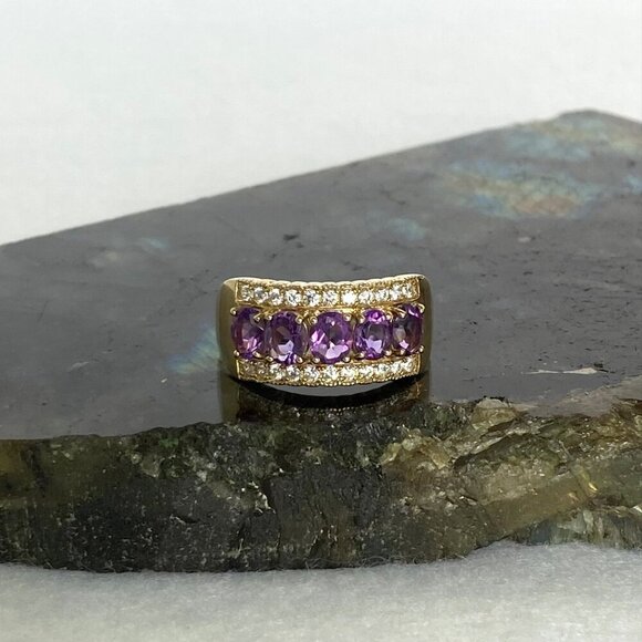 Gold Vermeil Sterling Silver 925 Prong Set Oval Amethyst CZ Wide Band Ring Sz 9 - Picture 12 of 16